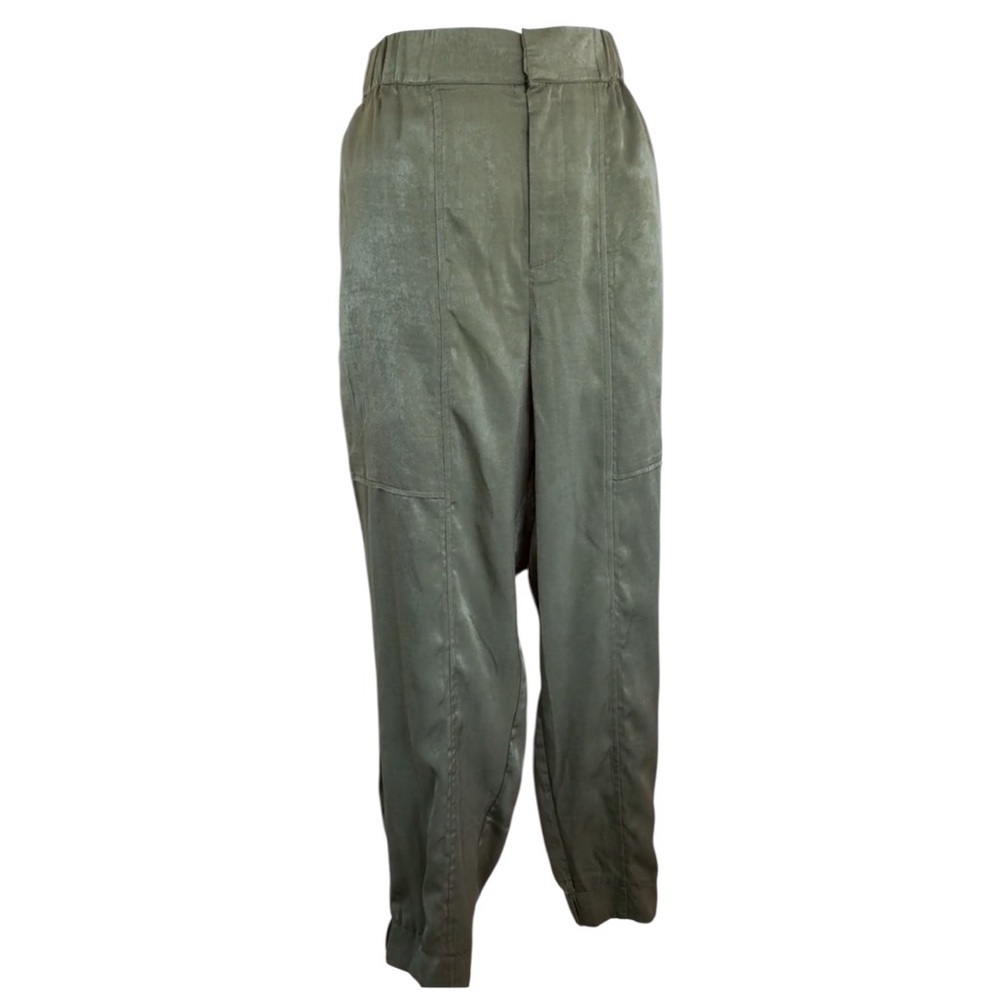 And Now This- Satin Cargo Pants, women's M, Olive Green, deep front pockets. Euc